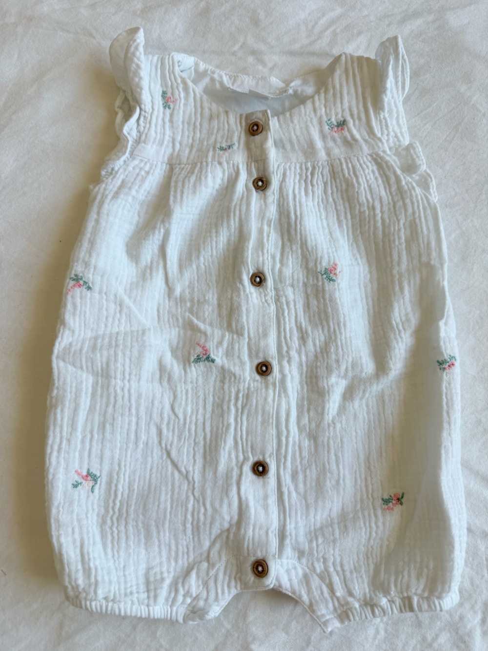 Organic White Baby One-Piece Romper with Pink Floral Embroidery